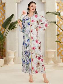 Al Najma 女款拼色花朵印花拼接緞帶連身裙 - 杏色 - 查看 5