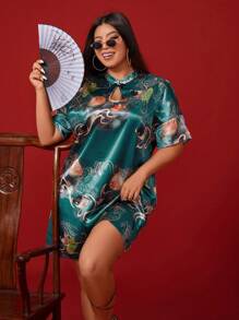 SHEIN Clasi 大碼旗袍領蝙蝠袖連衣裙 - 綠色 - 查看 5