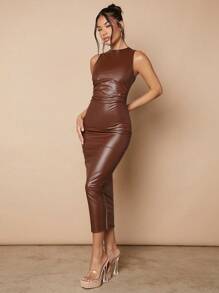 SHEIN BAE Vestido Ceñido Y Plisado Para Mujer De Color Sólido - Marrón - Ver 4