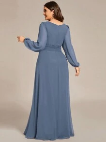 大码优雅圆领浪漫A字灰蓝色伴娘礼服、派对礼服、秋季婚礼宾客礼服 - 霧霾藍 - 查看 3