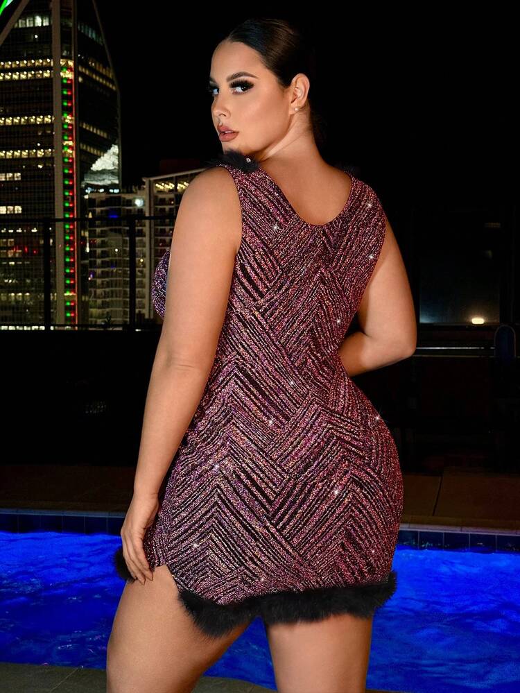 Women'S Plus Size Long Sleeve Printed Round Neck Plush Decorated Hem Patchwork Dress