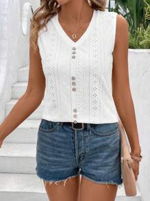 EMERY ROSE V-Neck Hollow Out Embroidery Decor Sleeveless Top With Front Middle Button Decoration - White - View 4