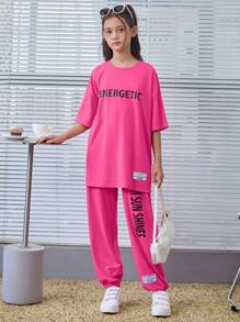 Tween Girls寬鬆版復古圓領字母印花t恤和褲子套裝 - 玫紅色 - 查看 1