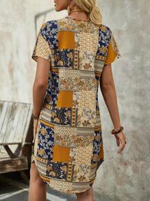 EMERY ROSE 女士夏季短袖V领拼接花卉中长连衣裙 - 彩色 - 查看 2