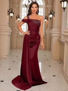 单肩及地缎面正式晚礼服 - 酒紅色 - 查看 4