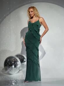 D&M Sexy Satin Cami Backless Cocktail Party Dress With Ruffle Trim - Green - View 3