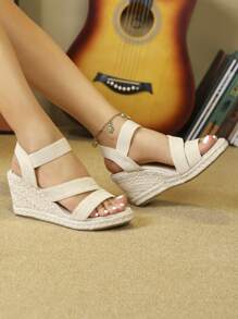 Women's Wedge Heel & Rope Sole & Velvet Strap & Elastic Band Casual And Comfortable Sandals