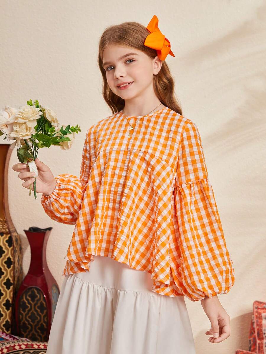 SHEIN Camisa De Cuadros De Línea A Vintage Suelta Para Niñas - Naranja - Ver 1