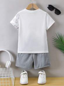 SHEIN Young Boys' Excavator & Letter Print T-Shirt And Shorts Two Pieces Set - Light Grey - View 2