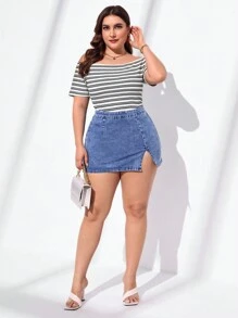 EMERY ROSE 女士加大號高腰側面開衩緊身牛仔裙,藍色 - 中等水洗藍 - 查看 3