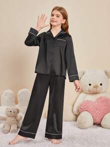 SHEIN Pijamas Para Niñas Preadolescentes Con Cuello De Rayas, Conjunto De Top De Manga Larga Y Pantalón Ancho - Negro - Ver 4