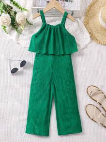 SHEIN Young Girl'S Vacation & Leisure Green Spaghetti Strap Jumpsuit With Ruffle Hem For Summer