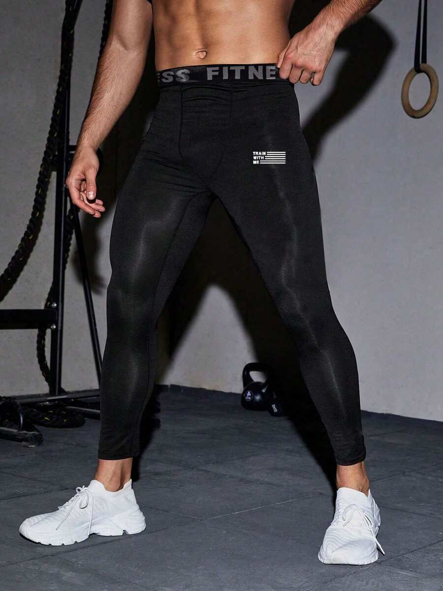 Mallas Deportivas De Compresión Con Impresión De Letras Para Hombres - Negro - Ver 1