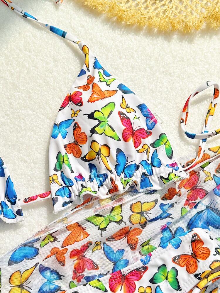 Women's Butterfly Print Halterneck Separated Bikini Set Three-Piece Set Carnival Summer Beach