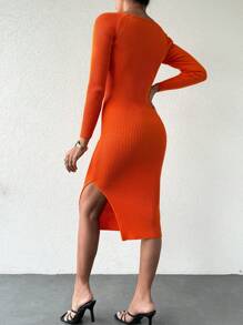 EURMUSE Sweater Dress With Split Hem And Long Sleeves - Orange - View 2