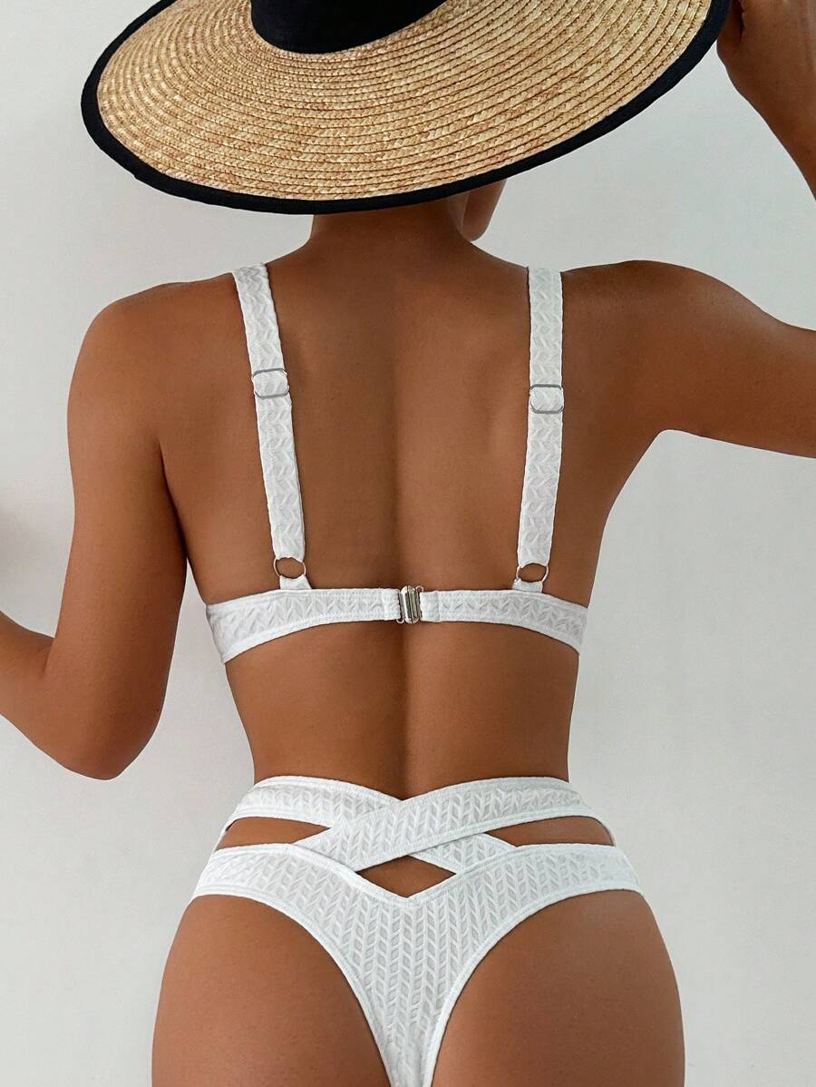 SHEIN Swim Summer Beach Solid Colored Textured Bikini Set - White - View 1