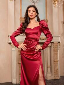 solid color long sleeve slim-fit sweetheart elegant formal evening gowns - Red - View 3