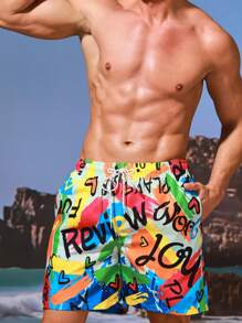 Surfspeed Men's Drawstring Brush Stroke & Letter Printed Beach Shorts - Multicolor - View 6