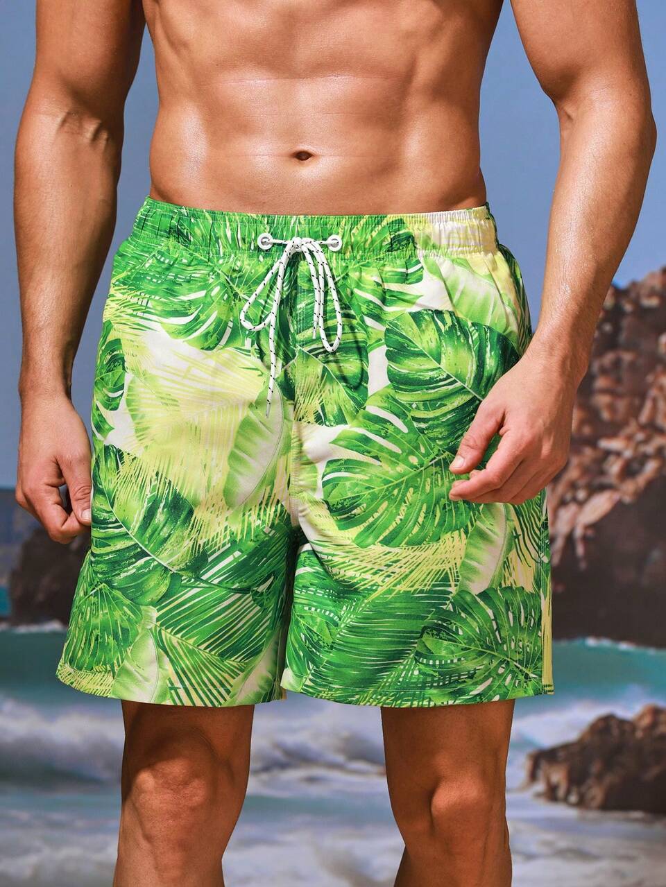 Men's Tropical Printed Drawstring Waist Beach Shorts