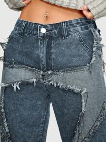 ROMWE Grunge Punk Vintage Style Star Patchwork High Waist Loose Straight Leg Denim Jeans With Washed Effect And Pockets, School - Baby Blue - View 3