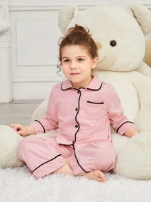 SHEIN Leap Crew Trẻ Cô gái Khối màu Lỏng lẻo phù hợp Áo Với Viền tương phản Và Quần Trang phục mặc nhà Bộ - Màu Hồng baby - Xem 1