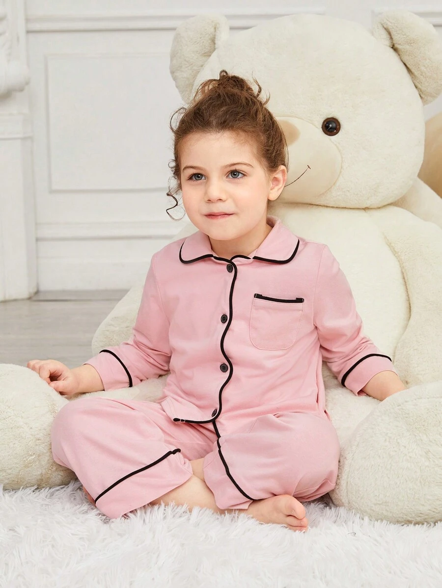 SHEIN Leap Crew Trẻ Cô gái Khối màu Lỏng lẻo phù hợp Áo Với Viền tương phản Và Quần Trang phục mặc nhà Bộ - Màu Hồng baby - Xem 1