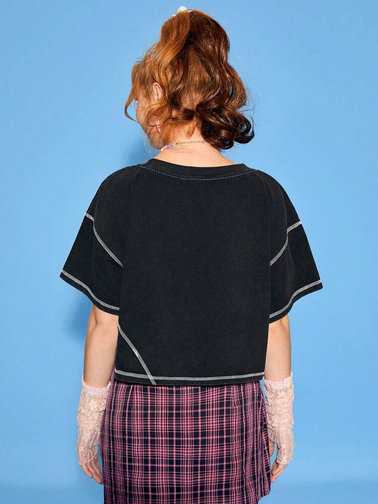 Women's Heart Print Dog & Cat Pattern Short Sleeve Black T-Shirt