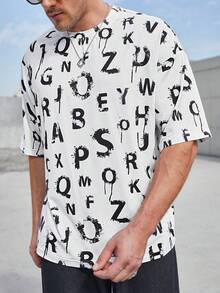 Manfinity Homme Nam Kích thước lớn Lá thư In Thả vai Áo thun - Đen và trắng - Xem 4