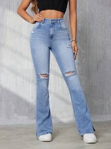 SHEIN Tall High-Waist Flared Jeans With Distressed Details - Light Wash - View 7