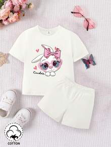 SHEIN 2 件/套 女嬰休閒日常裝簡約運動裝,趣味圖案印花,適合春季和夏季戶外活動 - 彩色 - 查看 1