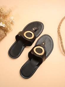 女士平跟平滑拖鞋,開放式輕便人字拖鞋,時尚腳趾環夏季鞋款 - 黑色 - 查看 5