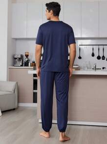 Men's Navy Blue Slogan Pattern Short Sleeve T-Shirt And Long Pants Homewear Set - Navy Blue - View 2