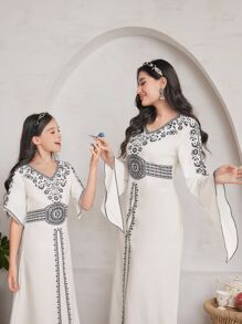 Al Najma Women's V-Neck Asymmetrical Flared Sleeves Dress  Dresses - Apricot - View 1
