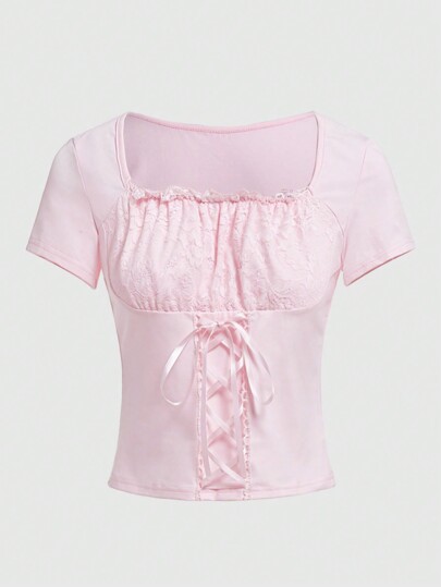 Kawaii Women's Lace Patchwork Ruffle Detail T-Shirt