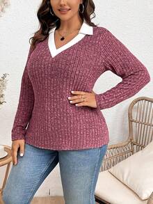 Calvaya Plus Size Contrast Ribbed Knit T-Shirt - Purple - View 4