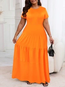 纯色大码女式长款荷叶边下摆连衣裙 - 橘色 - 查看 1