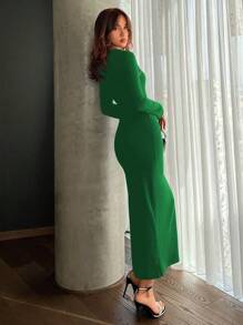 Aloruh Vestido feminino assimétrico com gola contrastante e acabamento sexy bodycon - Verde - Ver 2