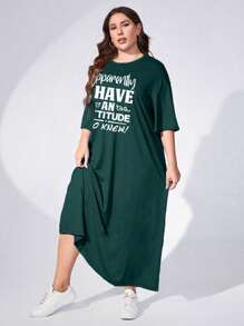 Mulvari Plus Size Women's Printed Round Neck Dress With Slogan Women Outfit, For Summer