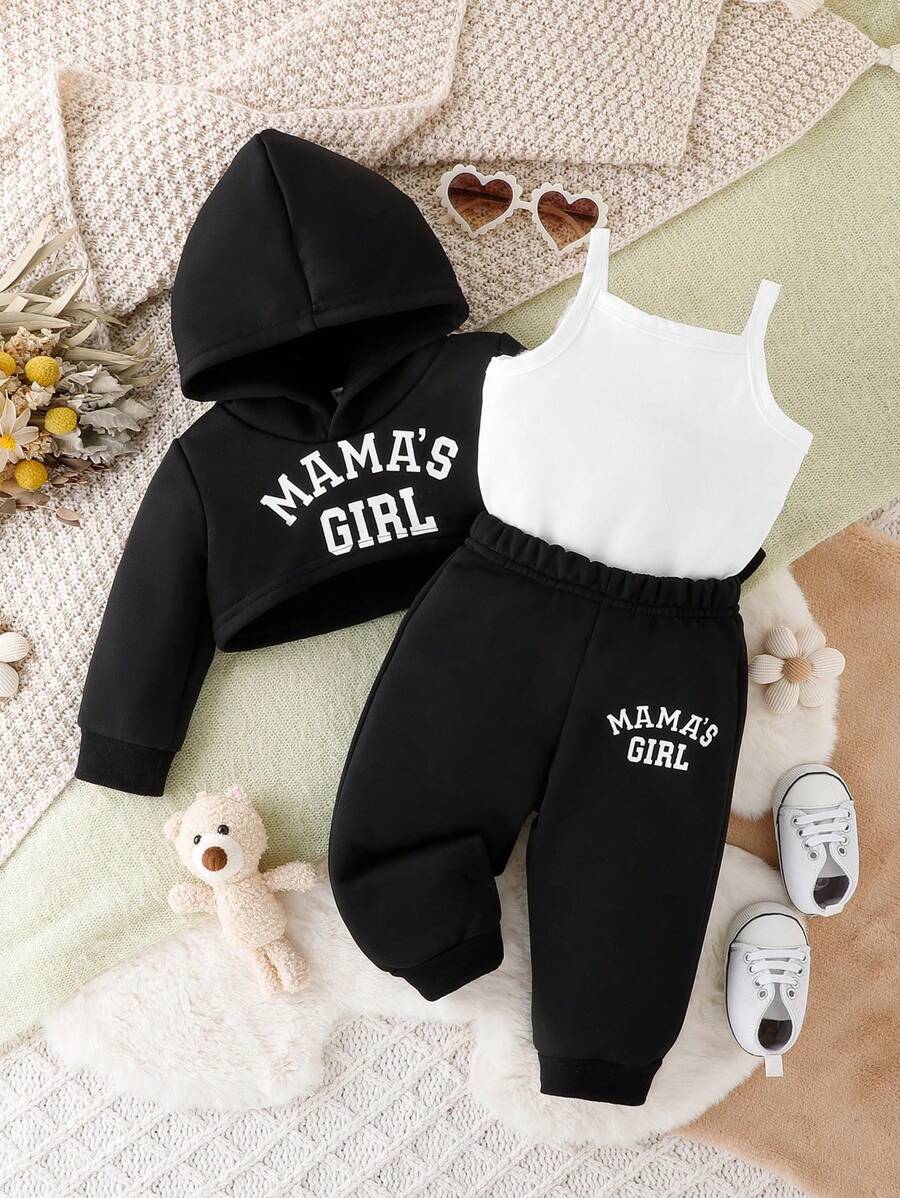 Baby Girl Casual Sporty Simple Style Sweatshirt 3pcs/Set For Spring & Autumn - Black - View 1