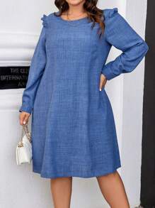 SHEIN LUNE Langärmliges Damenkleid In Übergröße Mit Gerüschter Saumverzierung