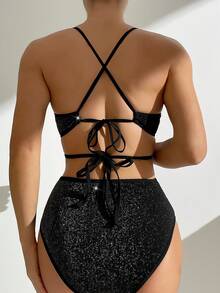 SHEIN Swim 女士閃亮背心一片式泳衣 - 黑色 - 查看 2