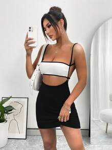 INAWLY Women's Contrast Color Hollow Out Waist Strap Dress - Black and White - View 4