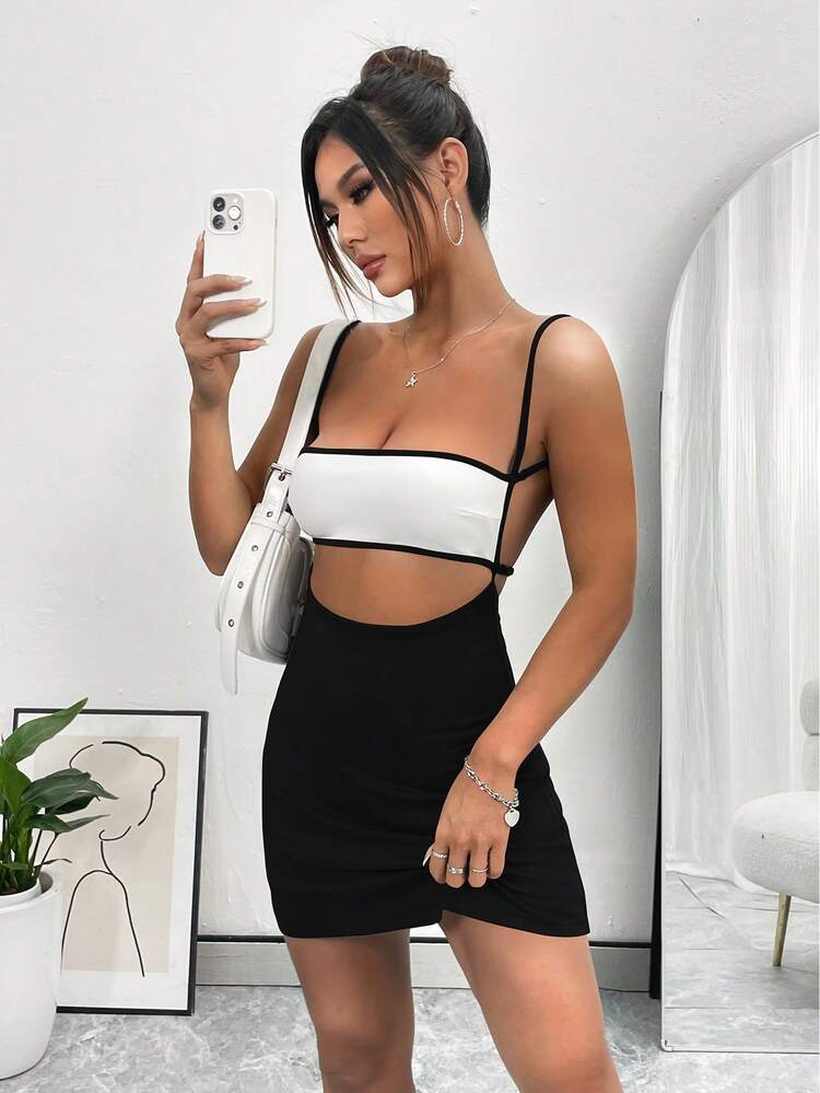 Women's Contrast Color Hollow Out Waist Strap Dress