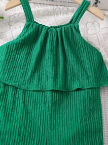 SHEIN Young Girl'S Vacation & Leisure Green Spaghetti Strap Jumpsuit With Ruffle Hem For Summer