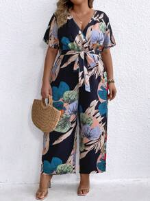 SHEIN Clasi Women's Plus Size Tropical Print V-Neck Jumpsuit