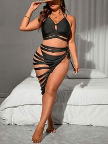 SHEIN Swim Curve 大码女式纯色露背领镂空泳衣套装，4 件套夏季 - 黑色 - 查看 1