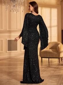 UNITHORSE Vestido de Senhora Preto com Lantejoulas e Mangas Flare, Vestido de Festa, Vestido de Convidada de Casamento, Vestido Formal, Vestido de Noite, Vestido de Noiva, - Preto - Ver 2