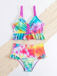 Conjunto De Bikini Con Teñido Anudado Y Cordón Para Niñas Preadolescentes - Multicolor - Ver 5