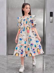 SHEIN Tween Girls' Loose Fit Vintage Cartoon Pattern Ruffle Trim Dress
