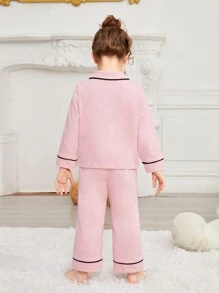 SHEIN Leap Crew Trẻ Cô gái Khối màu Lỏng lẻo phù hợp Áo Với Viền tương phản Và Quần Trang phục mặc nhà Bộ - Màu Hồng baby - Xem 3